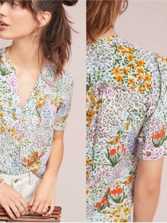 Anthropologie Tops - Anthropologie White Multicolor Floral V-Neck Short Sleeve Blouse